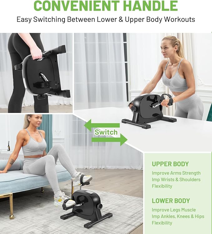 Under Desk Bike Pedal Exerciser, Portable Mini Exercise Bike with LCD Display for Home/Office, Desk Cycle for Leg/Arm with Handle, Leg Exerciser While Sitting for Physical Therapy