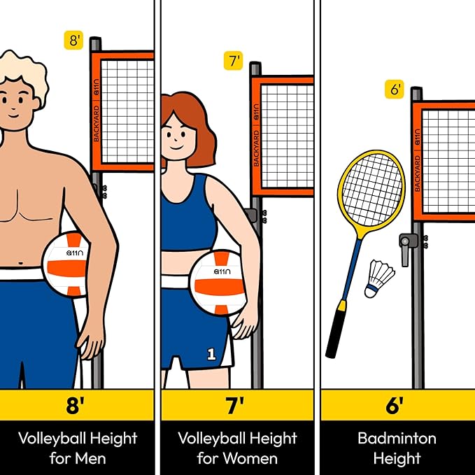 A11N Outdoor Volleyball and Badminton Combo Set - Includes Adjustable Height Anti-Sag Net, Volleyball, Air Pump, 4 Badminton Rackets, 2 Shuttlecocks, Boundary Line Marker, and Carrying Bag