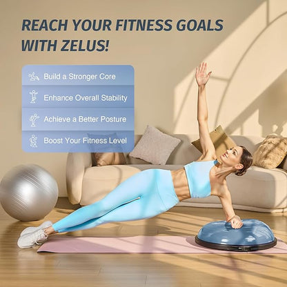 ZELUS 25in. Balance Ball | 1500lb Inflatable Half Exercise Ball Wobble Board Balance Trainer w Nonslip Base | Half Yoga Ball Strength Training Equipment w 2 Bands, Pump, Extra Ball Included