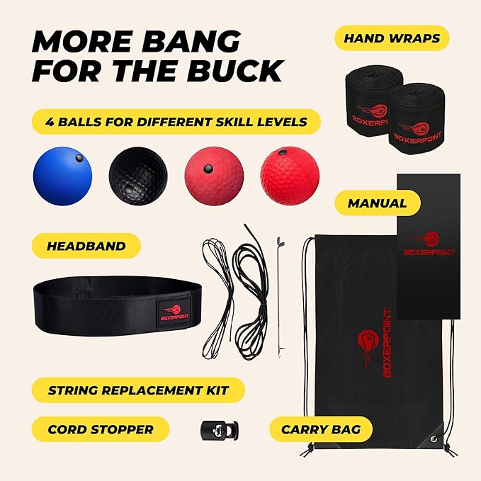 Boxing Reflex Ball for Adults and Kids - React Reflex Balls on String with Headband, Carry Bag and Hand Wraps - Improve Hand Eye Coordination, Punching Speed, Fight Reaction