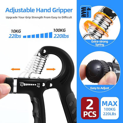 2PCS Grip Strength Trainer with 22-220Lbs (10-100kg) Adjustable Resistance, Hand Gripper, Forearm Strengthener, Finger Exerciser for Muscle Building and Injury Recovery