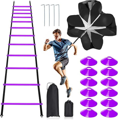 Pro Speed & Agility Training Set—Includes 12 Rung 20ft Adjustable 12 Disc 4 Steel 1 Resistance