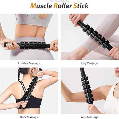 5 in1 Foam Roller Set, Trigger Point Foam Rollers, Massage Roller Stick, Massage Ball, Resistance Band for Deep Muscle Massage Pilates Yoga,Fitness Exercise for Whole Body (Black-Red)