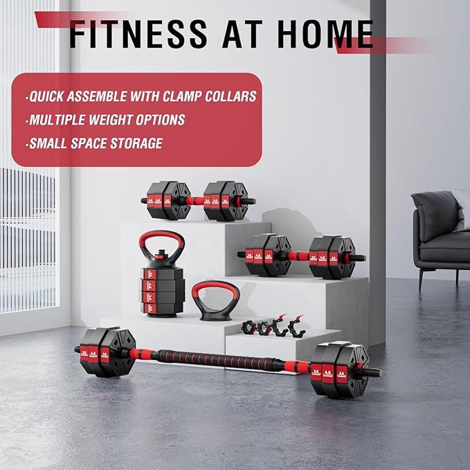 BIERDORF Adjustable Weights Dumbbells Set with 2 Adjustable Kettlebell and 4 Barbell Clips 50LB/60LB/80LB Free Weights Dumbbells Set 4 In 1 Used as Kettlebell Barbell Dumbbell Push Up Bar for Home Gym