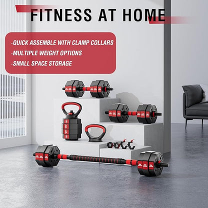 BIERDORF Adjustable Weights Dumbbells Set with 2 Adjustable Kettlebell and 4 Barbell Clips 50LB/60LB/80LB Free Weights Dumbbells Set 4 In 1 Used as Kettlebell Barbell Dumbbell Push Up Bar for Home Gym