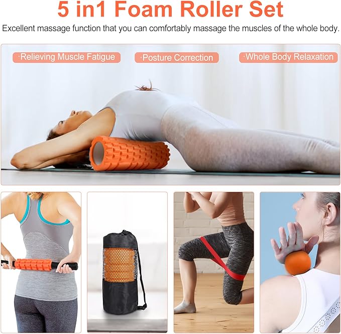 5 in1 Foam Roller Set, Trigger Point Foam Roller, Yoga Stick, Massage Ball, Fitness Stretching Strap, Carrying Bag, Towel, Massage Roller for Deep Muscle Massage Pilates Yoga, Orange