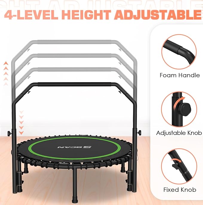 BCAN 450/550 LBS Foldable Mini Trampoline, 40"/48" Fitness Trampoline with Bungees, U Shape Adjustable Foam Handle, Stable & Quiet Exercise Rebounder for Adults Indoor/Outdoor Workout