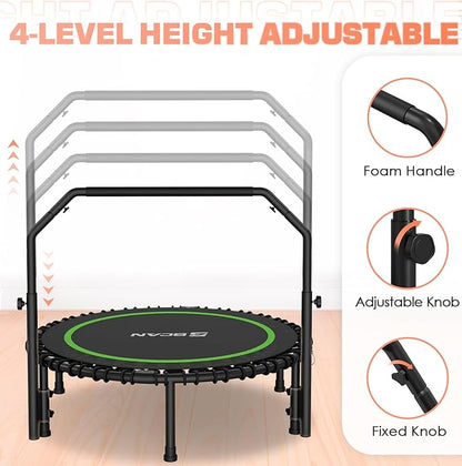 BCAN 450/550 LBS Foldable Mini Trampoline, 40"/48" Fitness Trampoline with Bungees, U Shape Adjustable Foam Handle, Stable & Quiet Exercise Rebounder for Adults Indoor/Outdoor Workout