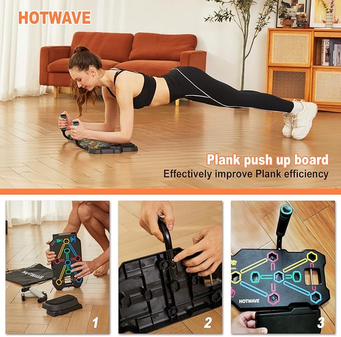 HOTWAVE Portable Workout Equipment with 20 Gym Accessories.Push Up Board &Plank,Resistance Band with Ab Roller Wheel,Exercise at Home For Men and Women