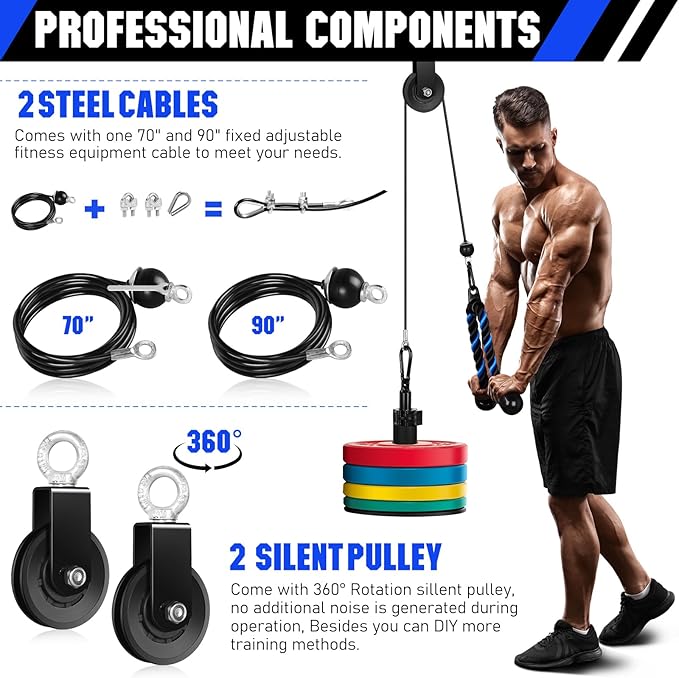 Fitness LAT and Lift Pulley System Gym - Upgraded LAT Pull Down Cable Machine Attachments, Loading Pin, Handle and Tricep Rope, for Biceps Curl, Forearm, Triceps Exercise Gym Equipment