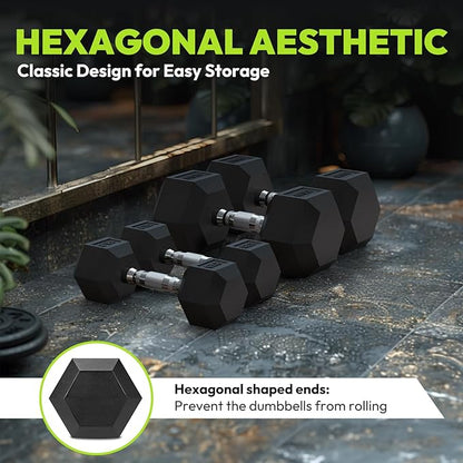 Hex Dumbbell Set, 3-100 lb Rubber Encased Exercise & Fitness Dumbbells, Weights Dumbbells Set of 2, Hand Weight for Strength Training (Single, Pair, Set)