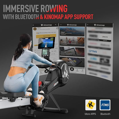 JOROTO Rowing Machine - Air & Magnetic Resistance Rowing Machines for Home Use, Commercial Grade Foldable Rower Machine with Bluetooth & Smart Backlit Monitor - 350LBS Load