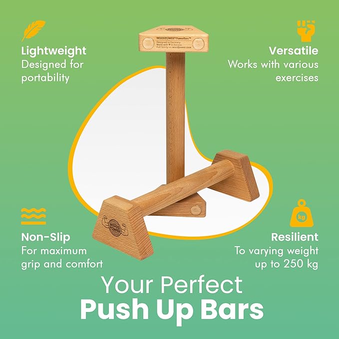 WOODPOWER® - PowerBars, Wooden Parallettes Push Up Bars, Joint-Friendly Beech Wood Calisthenics Equipment for Home, Durable Handstand Trainer Push Up Handles for Floors, XL