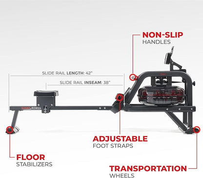 Sunny Health & Fitness Smart Water Rowing Machine with Intense Dynamic Real-Time Resistance, 300 LB Capacity Water Rower Machine with Bluetooth Connectivity for Advanced Workout Metrics