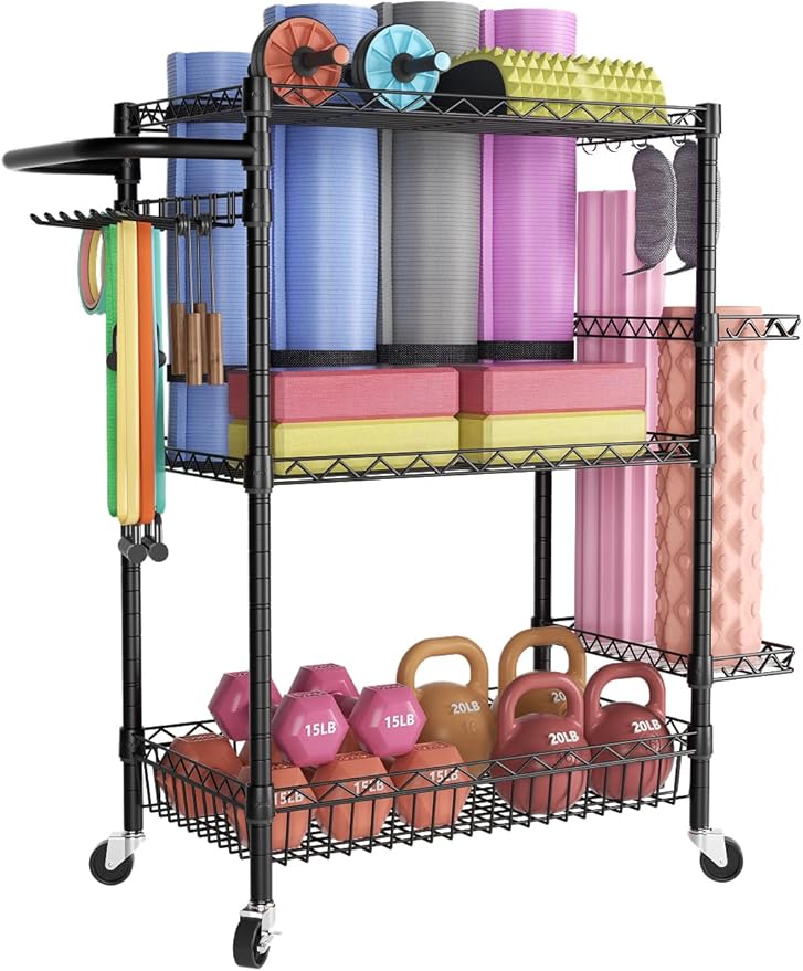 SINGAYE Dumbbell Rack, Balls Workout Equipment Storage Organizer Yoga Mat with Hooks basketball holder weight and Wheels for Organizing Workout Room, Home Gym Storage Black