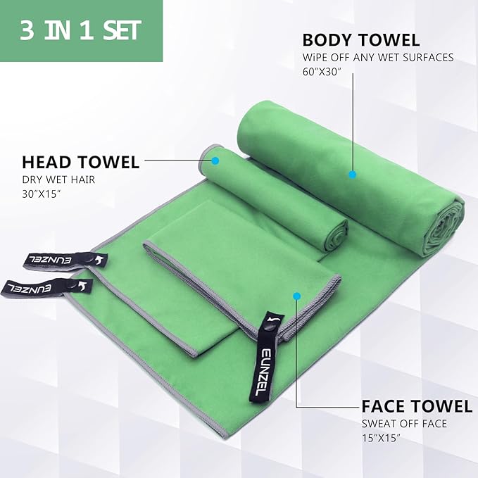 Eunzel Quick Dry Camping Towel, Microfiber Travel Towel 3 Size at 1 Pack,Fast Drying Towel Set for Camping, Beach, Gym, Sports, Yoga & Swimming Pool, Green