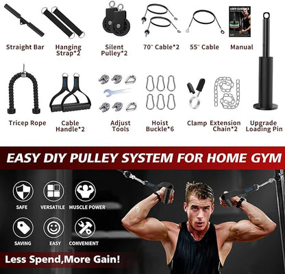 Cable Pulley System Gym, Upgraded Weight Pulley System with 3 Detachable Handles, LAT and Lift Pulley Attachments for Biceps Curl, Triceps, Chest Workout - DIY Home Gym Fitness Equipment