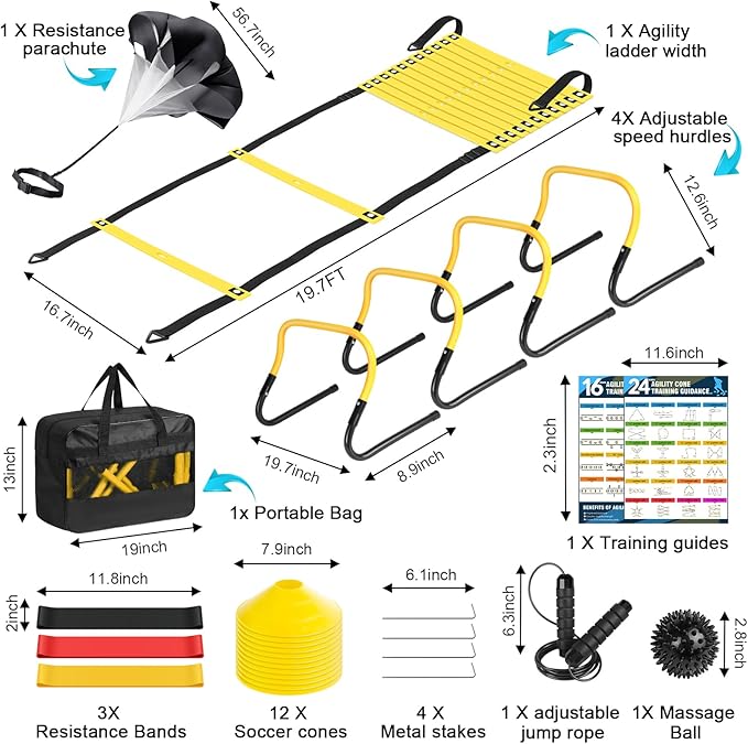 Agility Speed Training Equipment Set - 20ft Speed Ladder 12 Cones, 4 Adjustable 3 Resistance