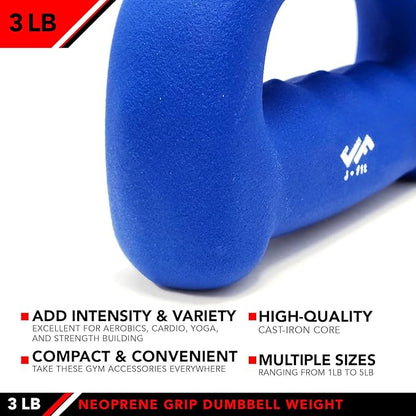 JFIT Neoprene D Grip Dumbbells - Single Weights 1LB-5LB - Premium Non-Slip, Hand Weights, Ergonomic Design