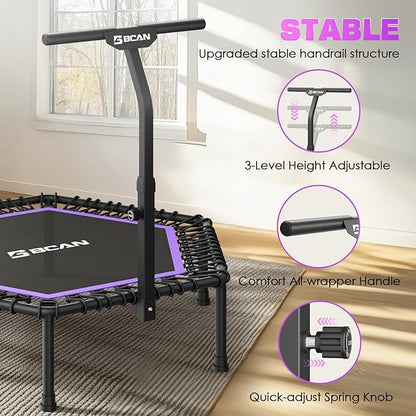 BCAN 48"/51" Mini Trampoline, 450/550 LBS Fitness Trampoline with T-Adjustable Handle Bar, Bungees, Stable & Quiet Exercise Rebounder for Adults Indoor/Garden Workout-Green