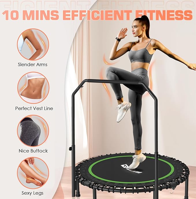 BCAN 450/550 LBS Foldable Mini Trampoline, 40"/48" Fitness Trampoline with Bungees, U Shape Adjustable Foam Handle, Stable & Quiet Exercise Rebounder for Adults Indoor/Outdoor Workout