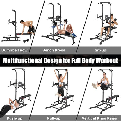 Uboway Pull Up Dip Station, Power Tower with Weight Bench, Dip Machine with Adjustable Heights, Pull Up Bar Free Standing, Strength Training Workout Equipment Fit Home Gym