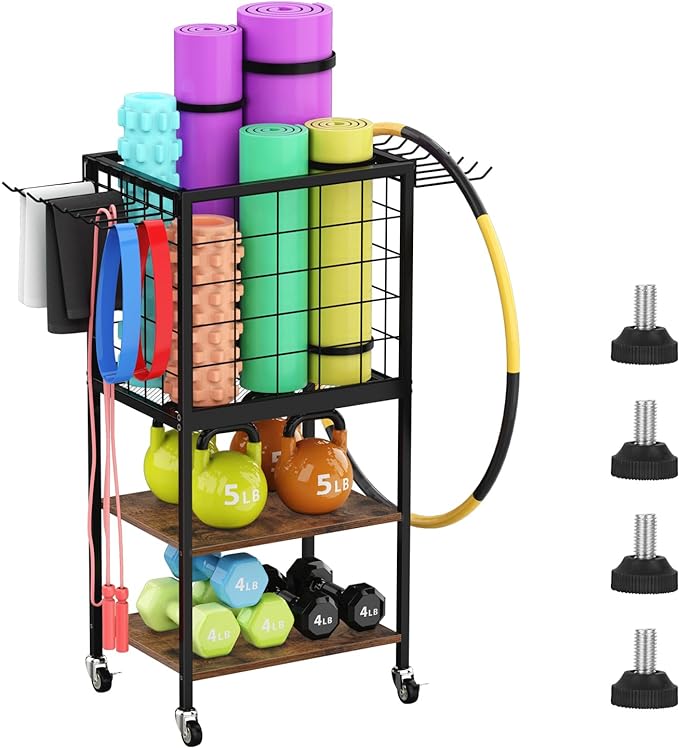 Weight Rack for Home Gym, Workout Equipment Storage Organizer, Home Gym Yoga Mat Storage Rack, Weight Storage Racks with Hooks, Yoga Mat Holder with Wheels for Yoga Block, Dumbbell, Resistance Band