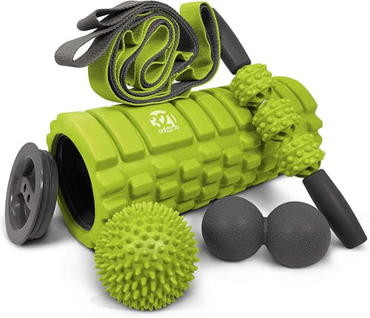 321 STRONG 5 in 1 Foam Roller Set Includes Hollow Core Massage Roller with End Caps, Muscle Roller Stick, Stretching Strap, Double Lacrosse Peanut, Spikey Plantar Fasciitis Ball, All in Giftable Box