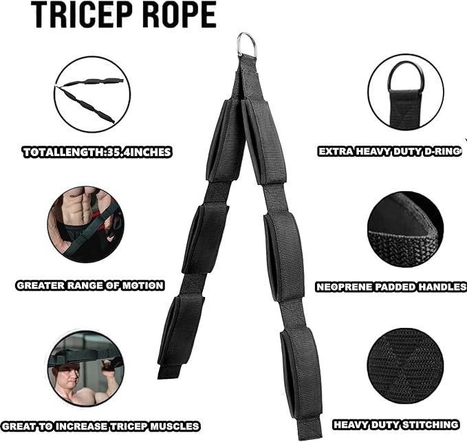 Tricep Rope Cable Attachment Comfortable Handles of Three Lengths,Versatile Tricep Pull Down Rope and Cable Attachment for Gym Machines.