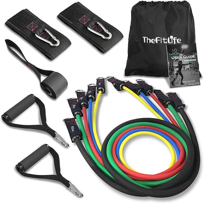 TheFitLife Exercise Resistance Bands with Handles - 5 Fitness Workout Bands Stackable up to 110/150/200/250/300 lbs, Training Tubes with Large Handles, Ankle Straps, Door Anchor, Carry Bag