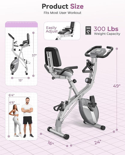 Folding Exercise Bike, Indoor Stationary Bike 16-Level Magnetic Resistance with Arm Resistance Band, Back Support Cushion Workout Bike for Home Workout Gym