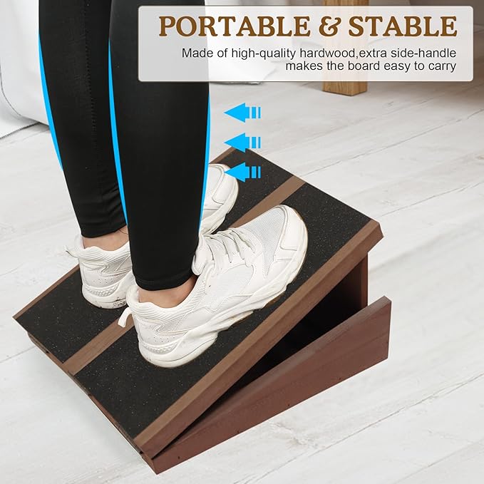 Professional Calf Stretcher Slant Board - Adjustable Incline Stretch Squat Wedge, Posture Board Wooden Physical Therapy Equipment, Non Slip Achilles Stretcher with Extra Side Handle - Small Brown