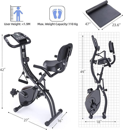 Foldable Exercise Bike Stationary Bike, Sportneer 4 in 1 Indoor Cycling Bike with 16 Level Magnetic Resistance Training Bike with Arm Resistance Band PVC Floor Mat Fitness Bike for Home Gym Workout