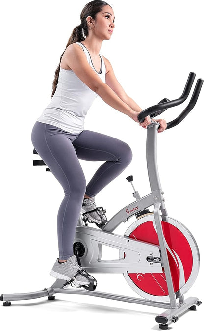 Sunny Health & Fitness Indoor Stationary Cycling Exercise Bike for Home Cardio Workout, 4-Way Adjustable & Cushioned Seat, Optional Magnetic Resistance & Exclusive SunnyFit App Enhanced Bluetooth Link