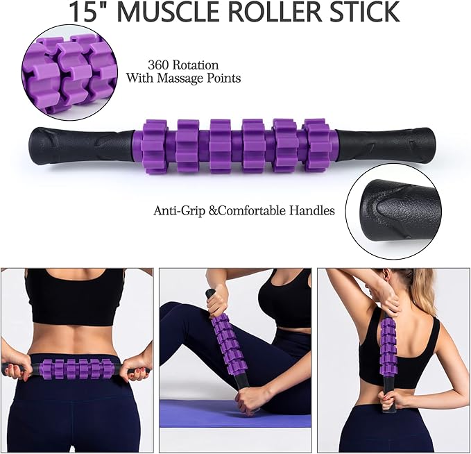 5 in 1 Foam Roller Set Trigger Point Foam Roller Patented, Massage Roller Stick, Massage Ball, Stretching Strap for Deep Muscle Massage Pilates Yoga, Fitness Exercise for Whole Body (Purple)