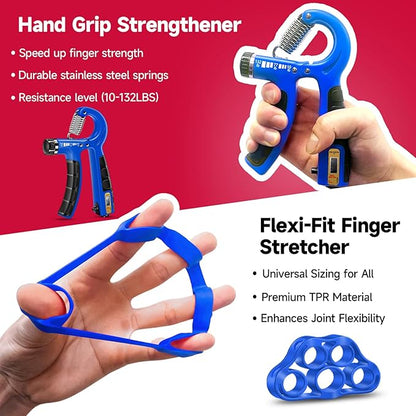 FitBeast Hand Grip Strengthener Workout Kit (5 Pack), 2 Forearm Grip Adjustable Resistance Hand Gripper, Finger Stretcher, Grip Ring & Stress Relief Grip Ball for Athletes