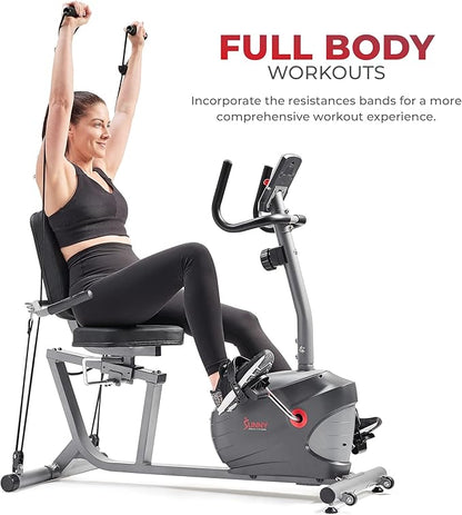 Sunny Health & Fitness Smart Magnetic Recumbent Exercise Bike with Optional SunnyFit App Bluetooth Connectivity, Full Body Workout, Large Ergonomic Seat, Bike for Adult & Seniors with Arm Exerciser