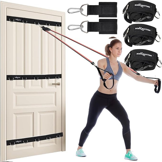 BODY RHYTHM Heavy Duty Door Anchor Strap - Great for Resistance Bands, Physical TherapyBands, and Closed Loop Bands (Black, Three Horizonal Straps)