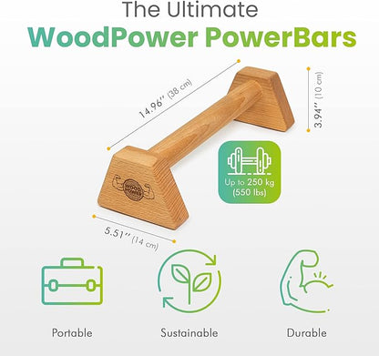 WOODPOWER® - PowerBars, Wooden Parallettes Push Up Bars, Joint-Friendly Beech Wood Calisthenics Equipment for Home, Durable Handstand Trainer Push Up Handles for Floors, XL