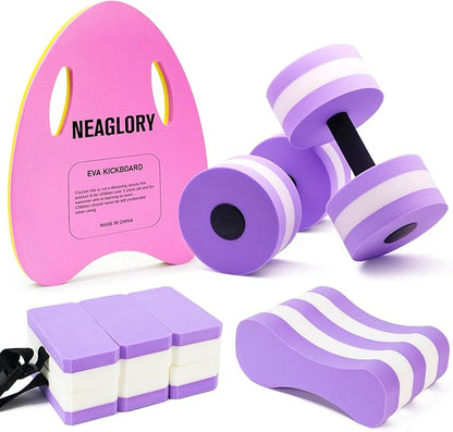 NEAGLORY 5 Pieces Water Aerobics Set Aquatic Exercise Set Pool Fitness Equipment Foam Water Dumbbell, Swim Kickboard, Pull Buoy, Aquatic Swim Belt for Water Exercise