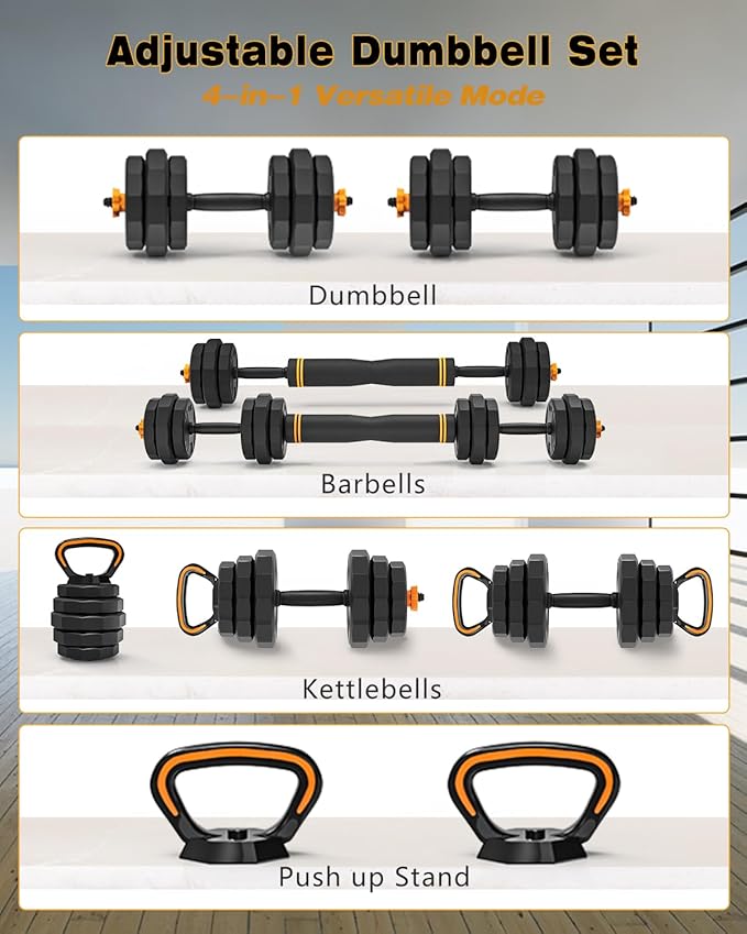 HTK Adjustable Weight Dumbbell Set - 4 in 1 Free Weight Set with Connector - Dumbbells, Barbells, Kettlebells, Push-Up Bars for Full Body Workout and Muscle Toning