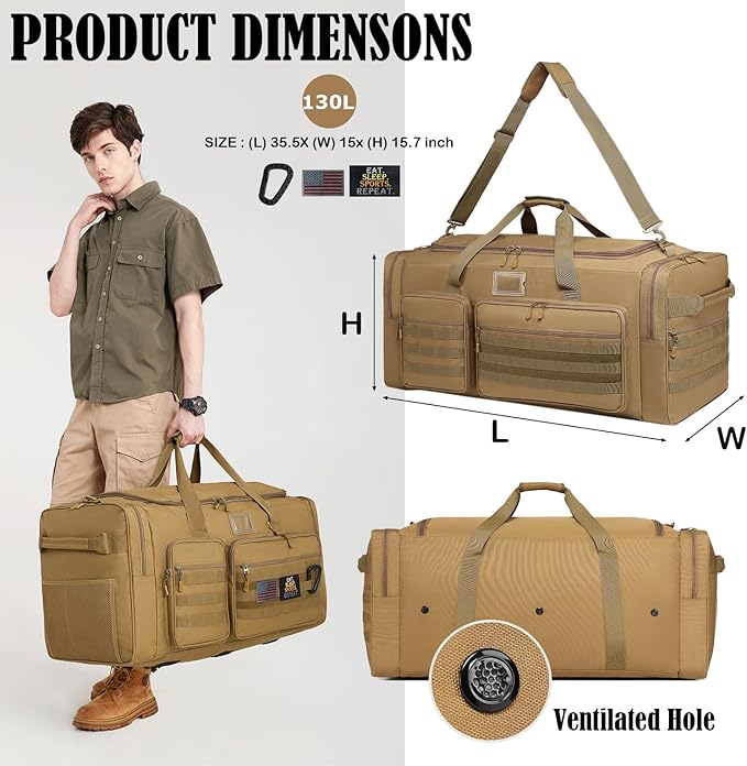 Extra Large Duffle Bag for Men, Heavy Duty Duffle Bag for Travel, Large Sports Gym Equipment Bag for Hockey Football Soccer Baseball Basketball & Team training, 130L, Brown