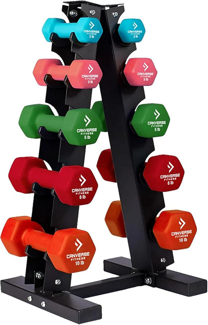 Neoprene Workout Dumbbells Weights - Non Slip, Anti Roll Exercise & Fitness Dumbbells Combo With Rack - Hex Shaped Hand weights for Men & Women - Ideal for Home and Gyms training