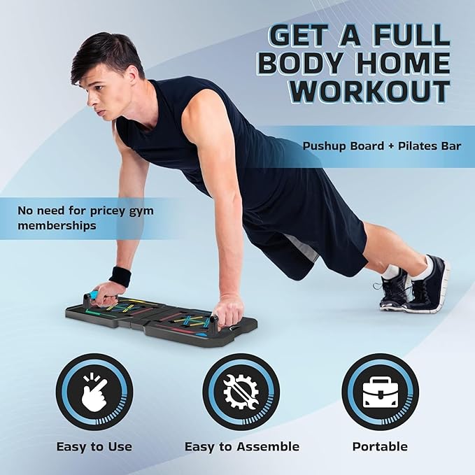 BlueClouds Push Up Board and Pilates Bar Kit - Color Coded Foldable Pushup Board Fitness Tool - Reinforced Aluminum Resistance Band Bar - At Home Gym Accessories for Men and Women - Portable Gym