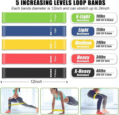 23 Pack Resistance Bands Set Workout Bands, 5 Stackable Exercise Bands 5 Loop Resistance Bands 2 Core Sliders, Door Anchor Handles Ankle Straps Carry Bag Instant Cooling Towel Wrist Wraps