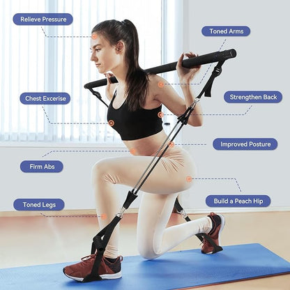 Portable Pilates Bar Kit with Resistance Bands for Women & Men, Upgraded 3 Section Multifunctional Yoga Pilates Stick for Home Gym Exercise Fitness Equipment Supports Full-Body Workouts