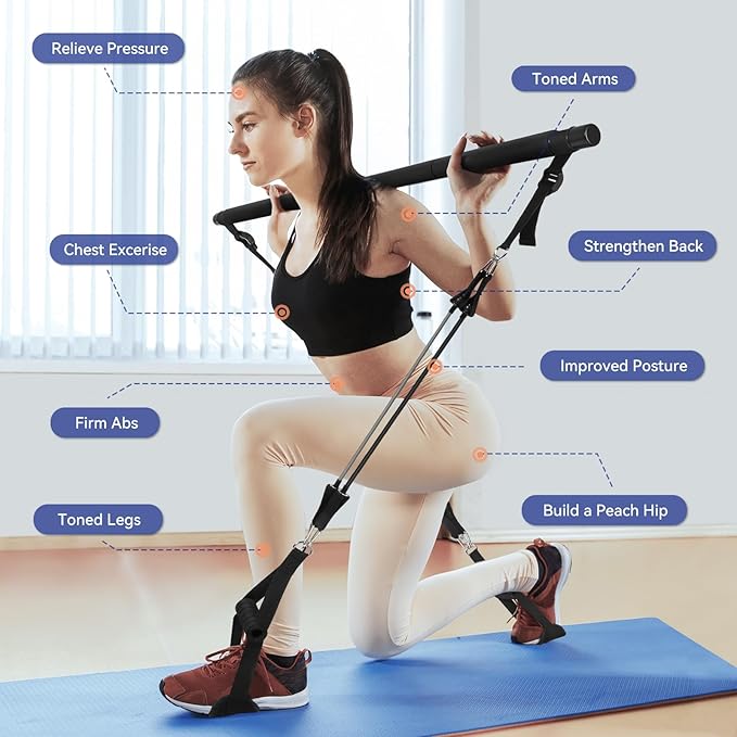 Portable Pilates Bar Kit with Resistance Bands for Women & Men, Upgraded 3 Section Multifunctional Yoga Pilates Stick for Home Gym Exercise Fitness Equipment Supports Full-Body Workouts