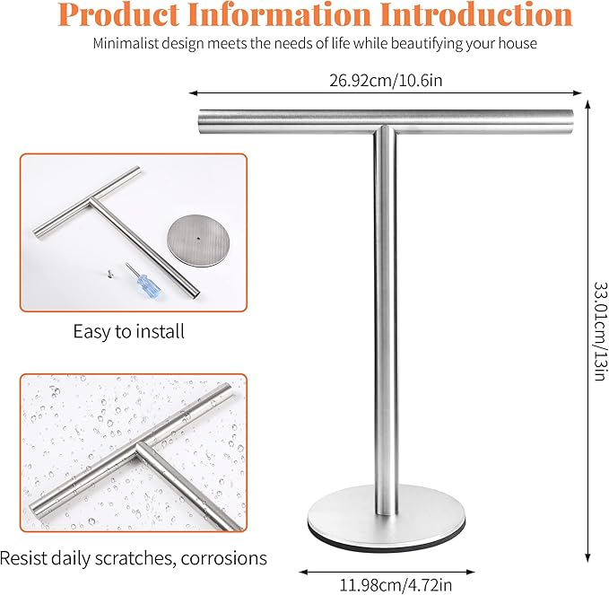 T-Shape Hand Towel Holder Stand, SUS304 Stainless Steel for Bathroom, Kitchen or Vanity Countertop