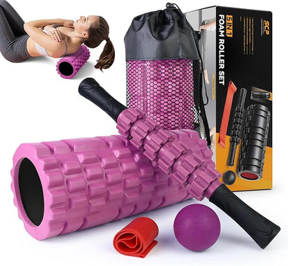 5 in 1 Foam Roller Set for Deep Tissue Muscle Massage, Trigger Point Fitness Patented Exercise Foam Roller, Massage Roller, Massage Ball, Stretching Strap, for Whole Body (Pink-Black)