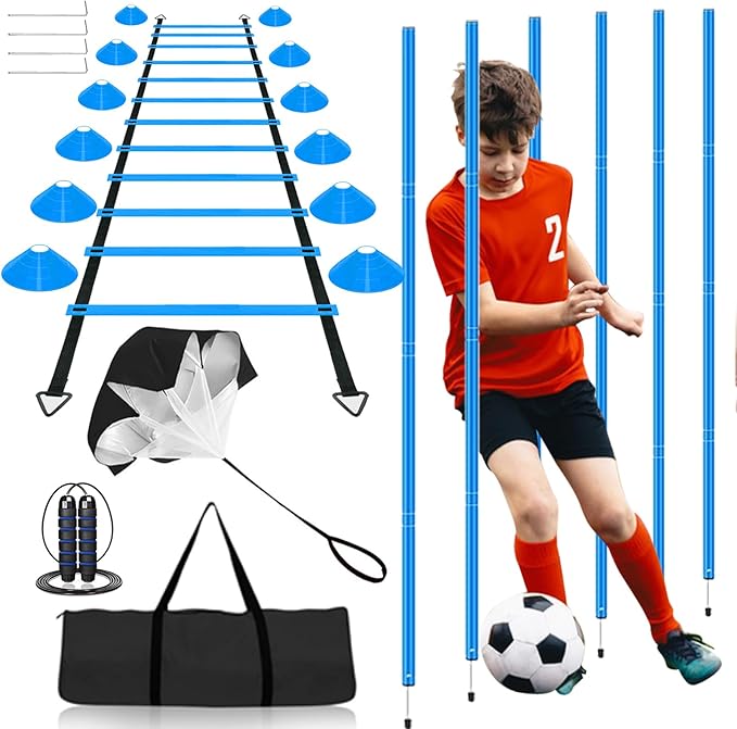 Agility Ladder Speed Training Equipment Set-20ft Agility Ladder, 6 Agility Poles, 12 Soccer Cones, Running Parachute, Jump Rope| Basketball Football Soccer Training Equipment for Kids Youth Adults